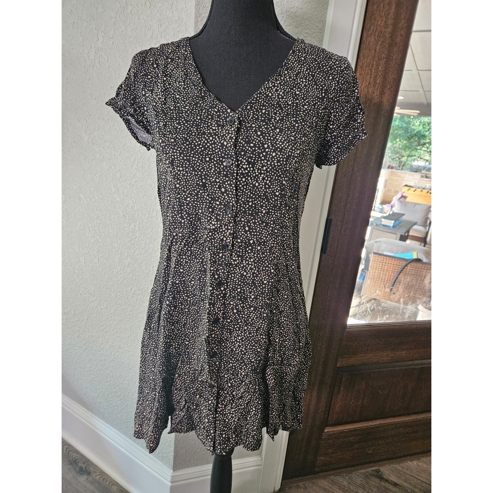 Freebird Black Dotted Rayon Mini Dress Lace Up‎ Back Button Front Womens Small